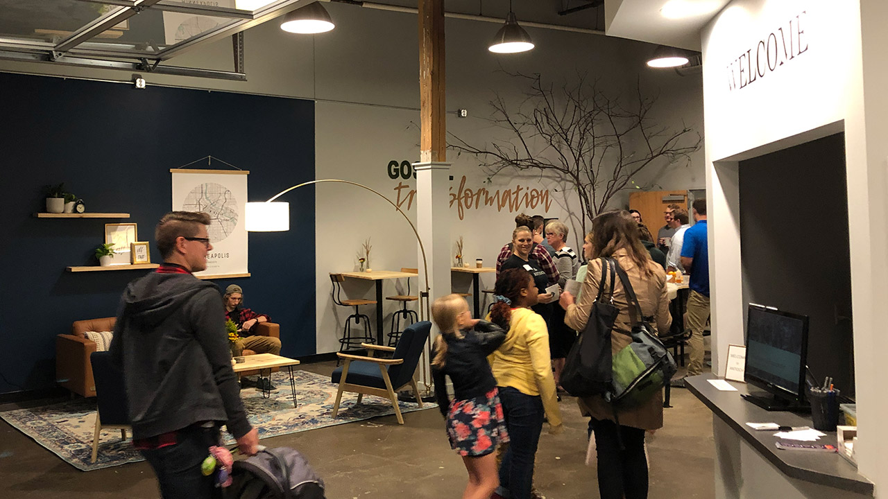 Families walking into church on a Sunday morning